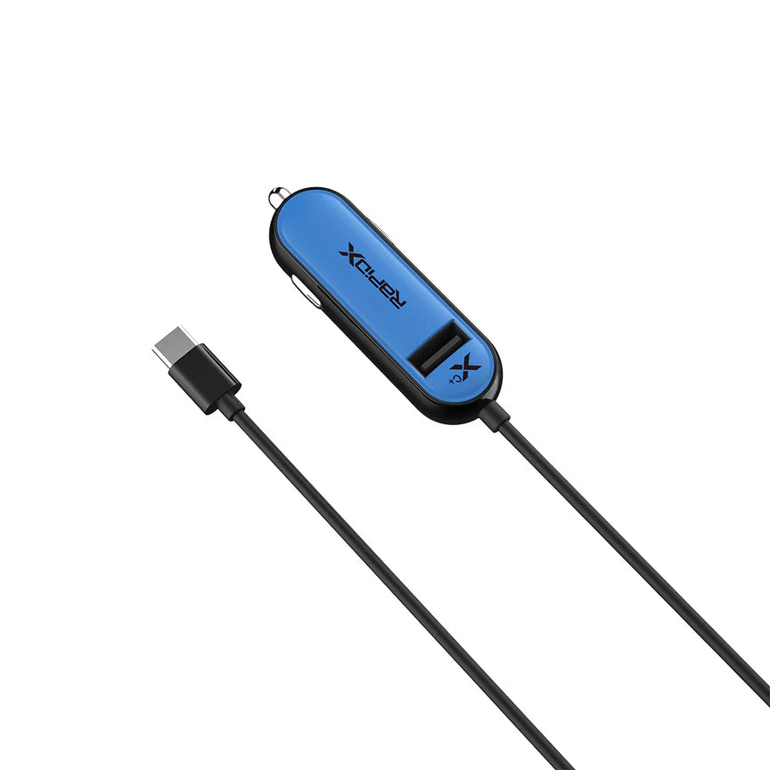 RAPIDX XC+ 27W USB-C CAR CHARGER PLUS SMART USB-A PORT WITH HARDWIRED 3.3' USB-C CABLE - BLUE