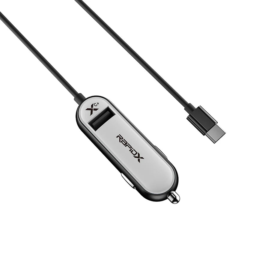 RAPIDX XC+ 27W USB-C CAR CHARGER PLUS SMART USB-A PORT WITH HARDWIRED 3.3' USB-C CABLE - WHITE