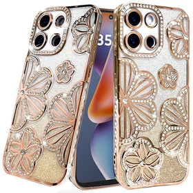 HR Premium Shimmer Glitter Floral Design Thick Tpu Case Cover For Motorola Moto G 5G 2025/2026 - Gold