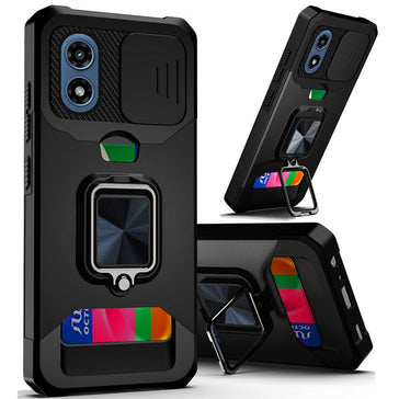 Premium Multi-Functional Card Magnetic Ring Stand Hybrid Camera Case Cover For Motorola Moto G Play 2024 - Black