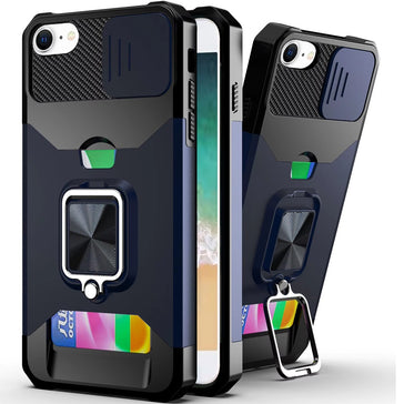 Premium Multi-Functional Card Magnetic Ring Stand Hybrid Camera Case For iPhone 16E / SE4/ 17e - Blue