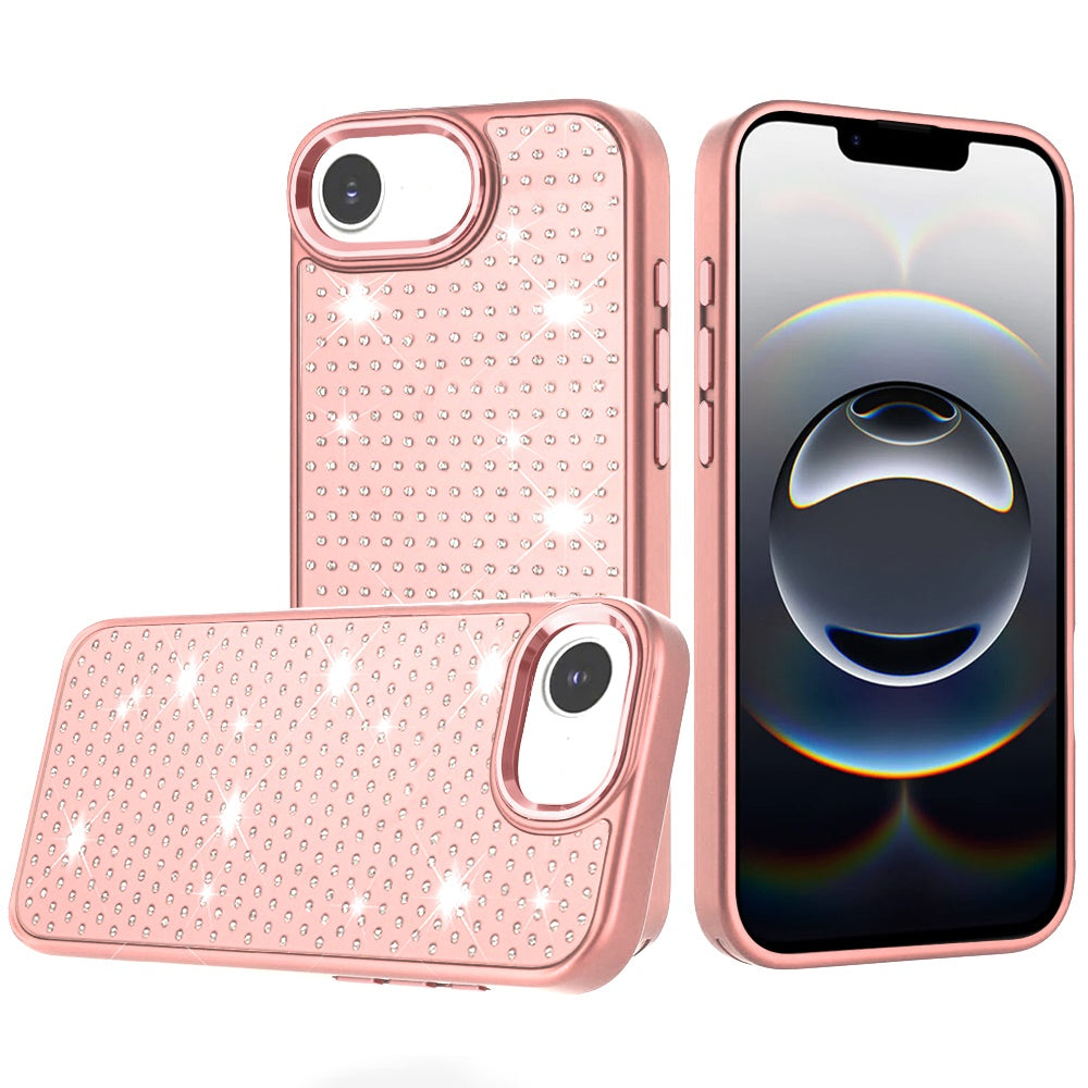 Premium Beautiful Diamond Metallic Design Metal Chrome Edged Hybrid Case For iPhone 16E (E Edition) / SE4 (2025) - Rose Gold