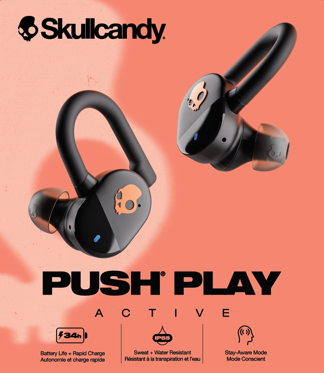 Skullcandy Push Play Active True Wireless Earbuds - Black/Orange
