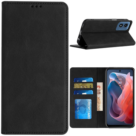 Premium Wallet Premium Pu Vegan Leather Id Card Money Holder With Magnetic Closure For Motorola Moto G Play 2024 - Black