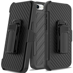 Premium Noble Lined Shockproof Dual Layer Hybrid Case With Holster For iPhone 16E / SE4 / 17e - Black/Black