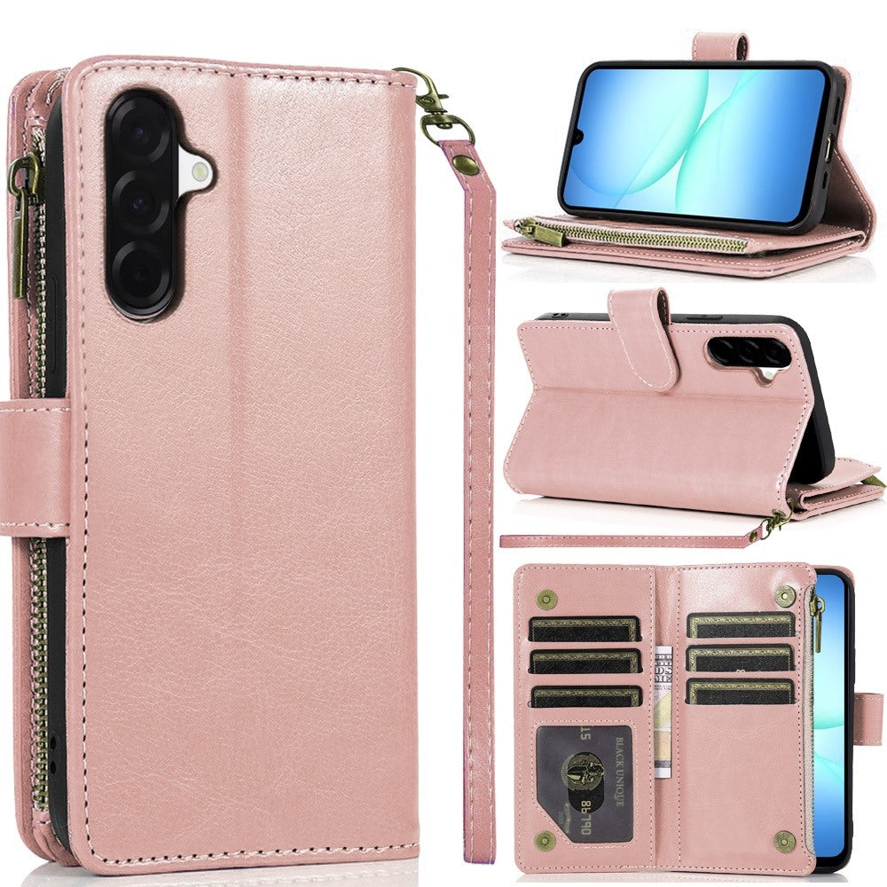 Premium Luxury Wallet Card Id Zipper Money Holder Case For Samsung A17 5G - Rose Gold