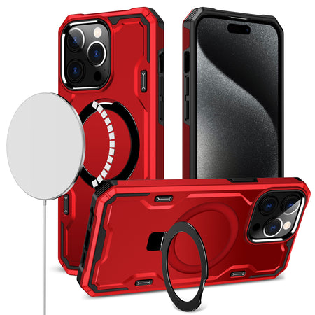 Premium Magnetic Ring Stand Simplistic Tough Hybrid Case For iPhone 15 - Red