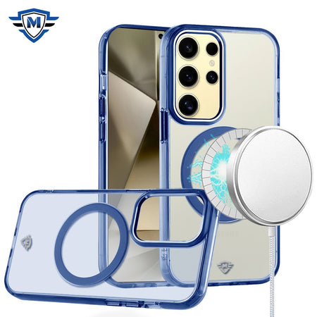 Metkase Magnetic Circle Ring Transparent Premium Acrylic Case Cover With Metal Buttons & Camera Raised Lip In Slide-Out Package For Samsung Galaxy S24 - Blue