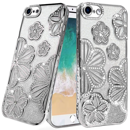 Premium Shimmer Glitter Floral Design Thick TPU Case Cover For iPhone 16E / SE4 - Silver