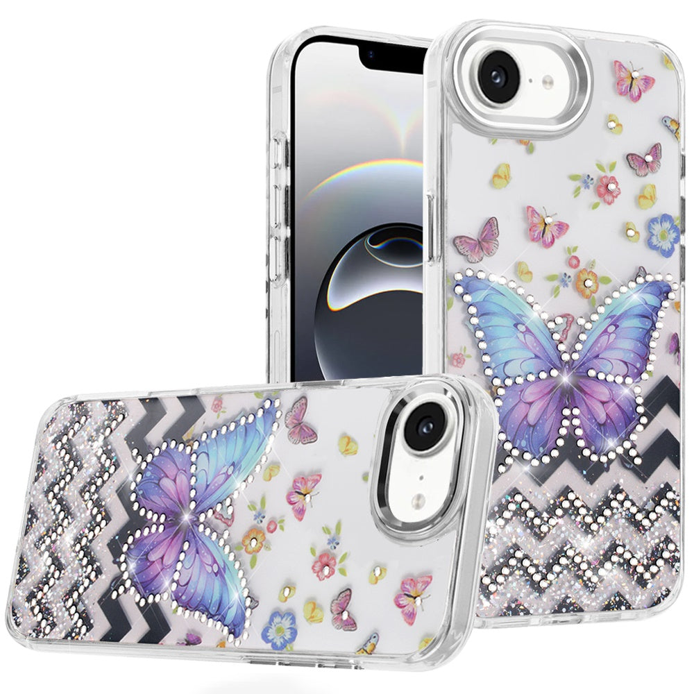 Premium Resin Epoxy Design Diamond Metal Edged Case For iPhone 16E / SE4 (2025) - A