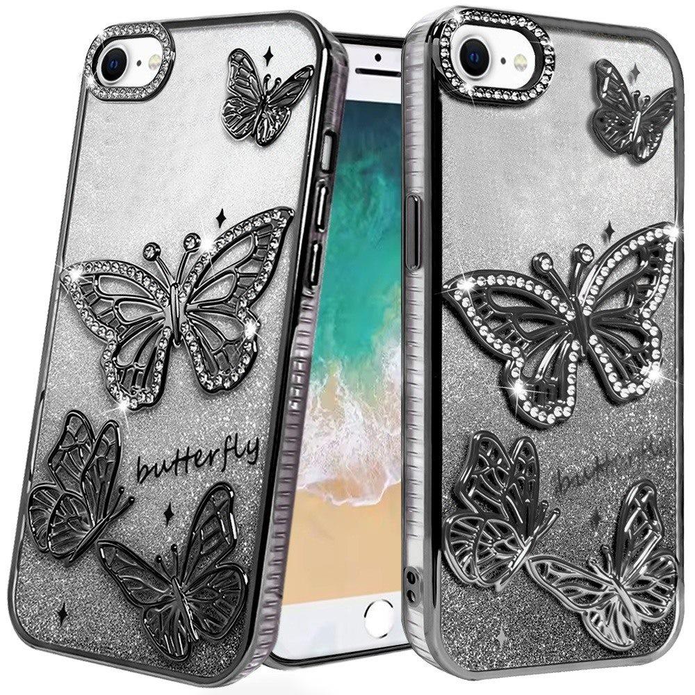 Premium Butterfly Freedom Shimmer Glitter Thick TPU Case For iPhone 16E / SE4 (2025) - Black