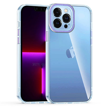 Premium Transparent Clear Hybrid Case With Matching Metal Buttons And Camera Protection For iPhone 15 - Purple