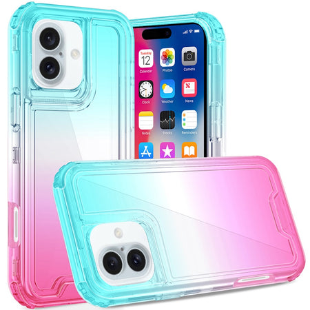 Premium 3-In-1 Two Tone Shockproof Transparent Hybrid Case For iPhone 16 6.1 Inch - Light Blue/Pink