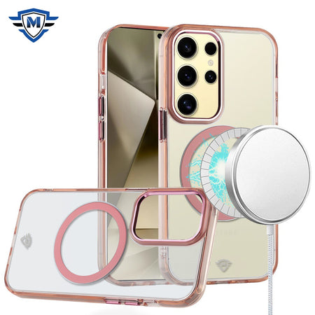 Metkase Magnetic Circle Ring Transparent Premium Acrylic Case Cover With Metal Buttons & Camera Raised Lip In Slide-Out Package For Samsung Galaxy S24 - Rose Gold