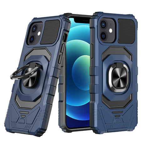 Premium Robotic Hybrid With Magnetic Ring Stand Case Cover (Open Camera Hole) For iPhone 12 & iPhone 12 Pro - Dark Blue