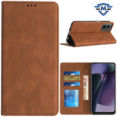 Metkase Wallet Pu Vegan Leather Id Card Money Holder With Magnetic Closure In Slide-Out Package For Motorola Moto G Stylus 5G 2024 - Brown