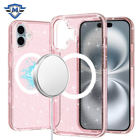 Metkase Glitter Ultra [Magnetic Circle] Thick 3mm Transparent Hybrid Case In Slide-Out Package For iPhone 16 Plus 6.7 Inch - Pink