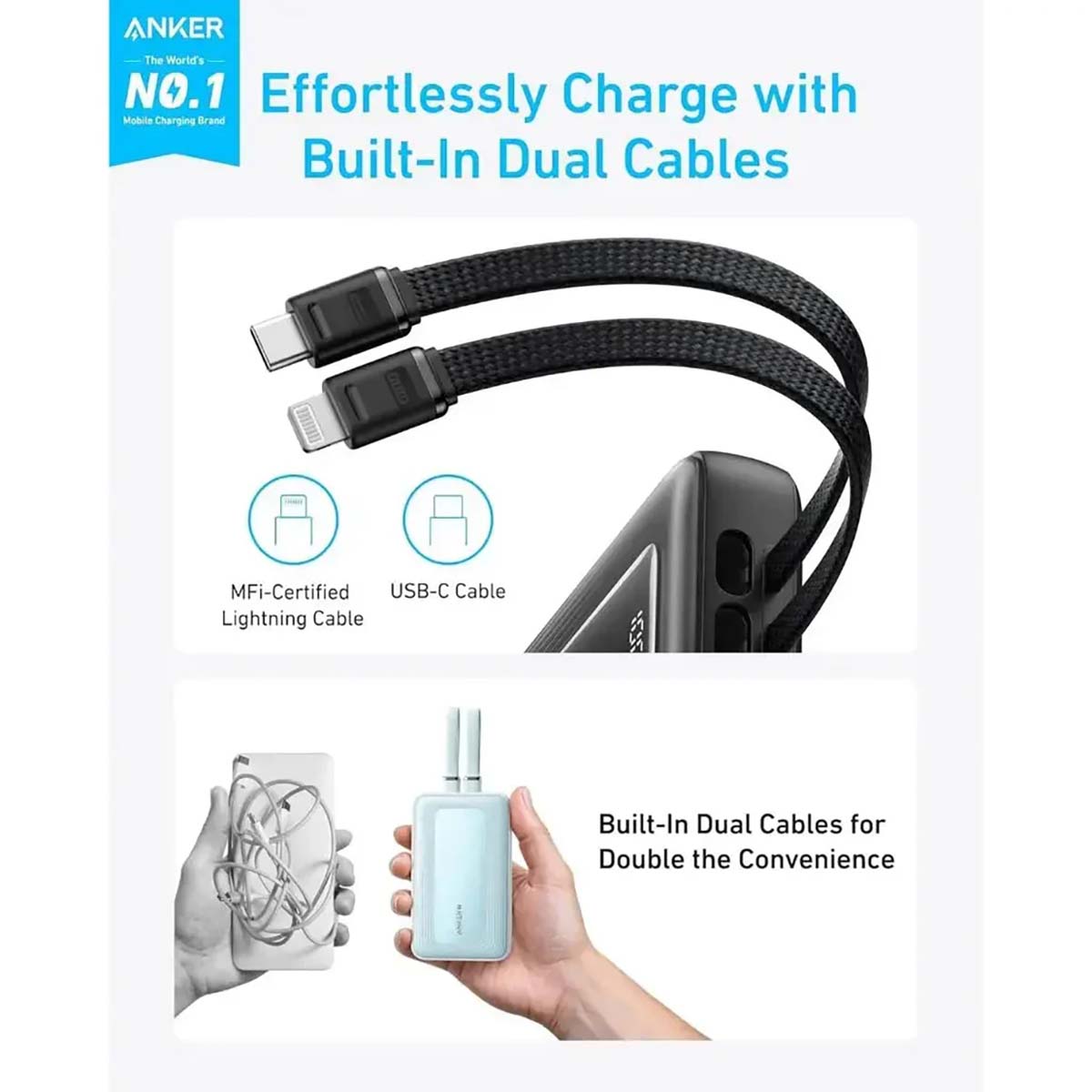 Anker 10K mAh 30W Zolo Power Bank W/ Built-In USB-C and Lightning Cable - Black