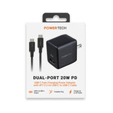 Powertech PD 20W Dual-Port USB-A & USB-C Wall Charger W/ 4ft C-C Cable - Black