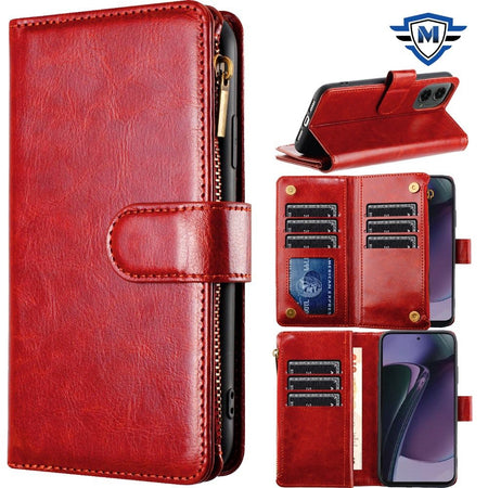 Metkase Luxury Wallet Card Id Zipper Money Holder In Slide-Out Package For Motorola Moto G Stylus 5G 2024 - Red