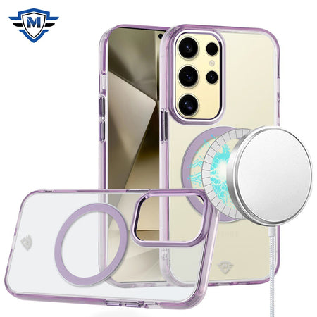 Metkase Magnetic Circle Ring Transparent Premium Acrylic Case Cover With Metal Buttons & Camera Raised Lip In Slide-Out Package For Samsung Galaxy S24 Ultra - Light Purple
