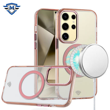 Metkase Magnetic Circle Ring Transparent Premium Acrylic Case Cover With Metal Buttons & Camera Raised Lip In Slide-Out Package For Samsung Galaxy S24 Ultra - Rose Gold