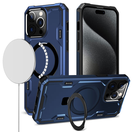 Premium Magnetic Ring Stand Simplistic Tough Hybrid Case For iPhone 15 - Blue