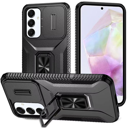 Premium Complete Magnetic Metal Ring Stand Camera Protection Hybrid Case For Samsung Galaxy A36 - Black