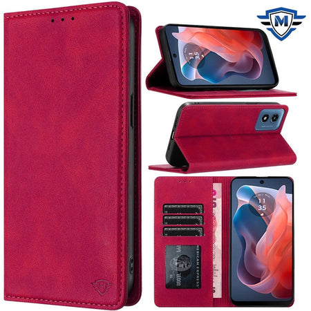 Metkase Wallet Premium Pu Vegan Leather Id Card Money Holder With Magnetic Closure In Premium Slide-Out Package For Motorola Moto G 5G 2024 - Hot Pink