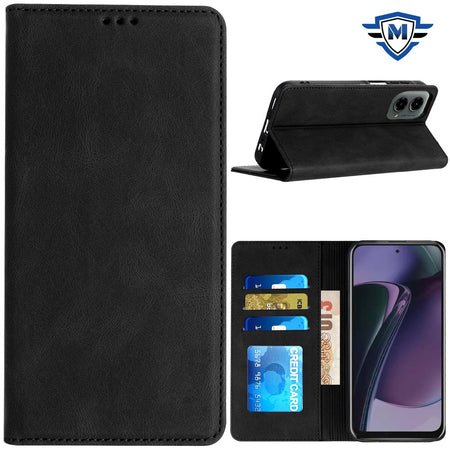 Metkase Wallet Pu Vegan Leather Id Card Money Holder With Magnetic Closure In Slide-Out Package For Motorola Moto G Stylus 5G 2024 - Black