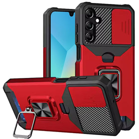 Premium Multi-Functional Card Magnetic Ring Stand Hybrid Camera Case For Samsung A16 5G - Red