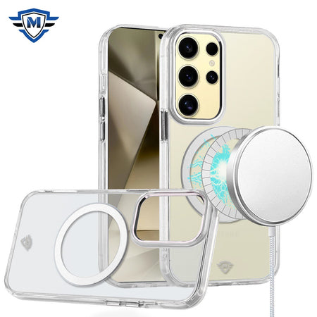 Metkase Magnetic Circle Ring Transparent Premium Acrylic Case Cover With Metal Buttons & Camera Raised Lip In Slide-Out Package For Samsung Galaxy S24 - Clear