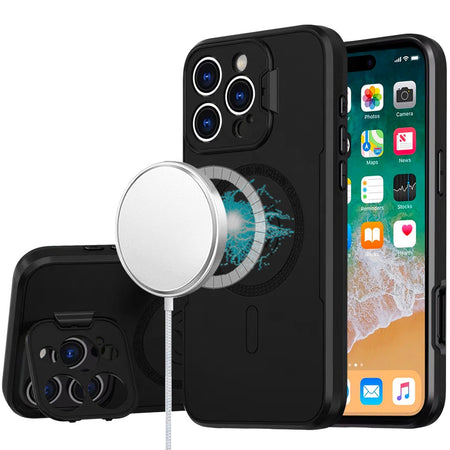 Premium Magnetic Ring Circle Camera Cap Kickstand Hybrid Uv Paint Matte Finish Case For iPhone 16 Pro Max 6.9 Inch - Black