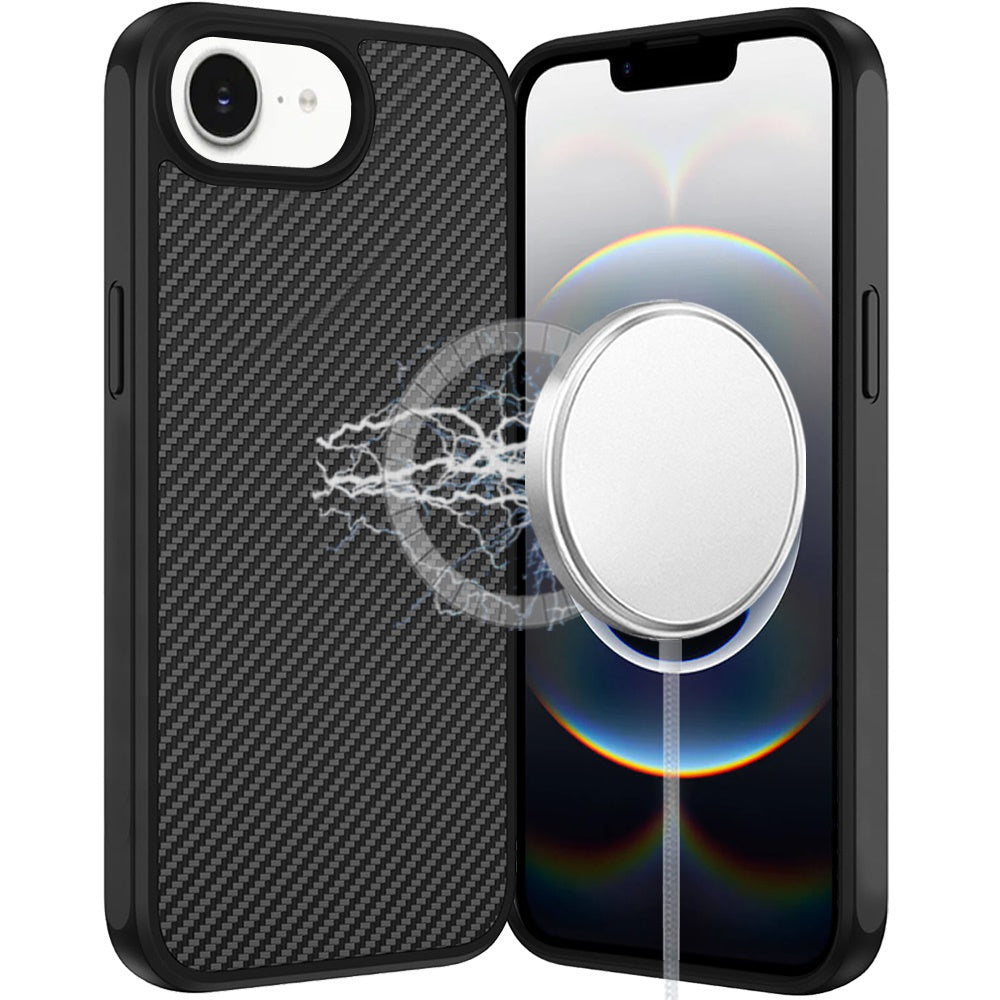 Premium Carbonfiber Design Magnetic Ring HQ Thick 2.0mm Hybrid Case For iPhone 16E / SE4 - Black