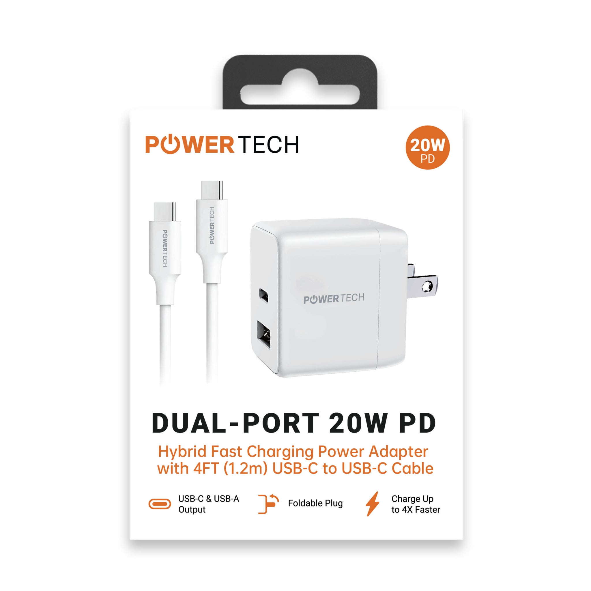 Powertech 20W PD Dual-Port USB-A & USB-C Wall Charger W/ 4' C-C Cable - White