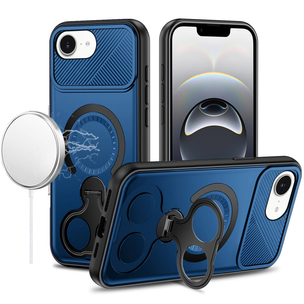 Premium Car Mount With 2-Ring Stand Hybrid Case For iPhone 16E (E Edition) / SE4 (2025) - Blue