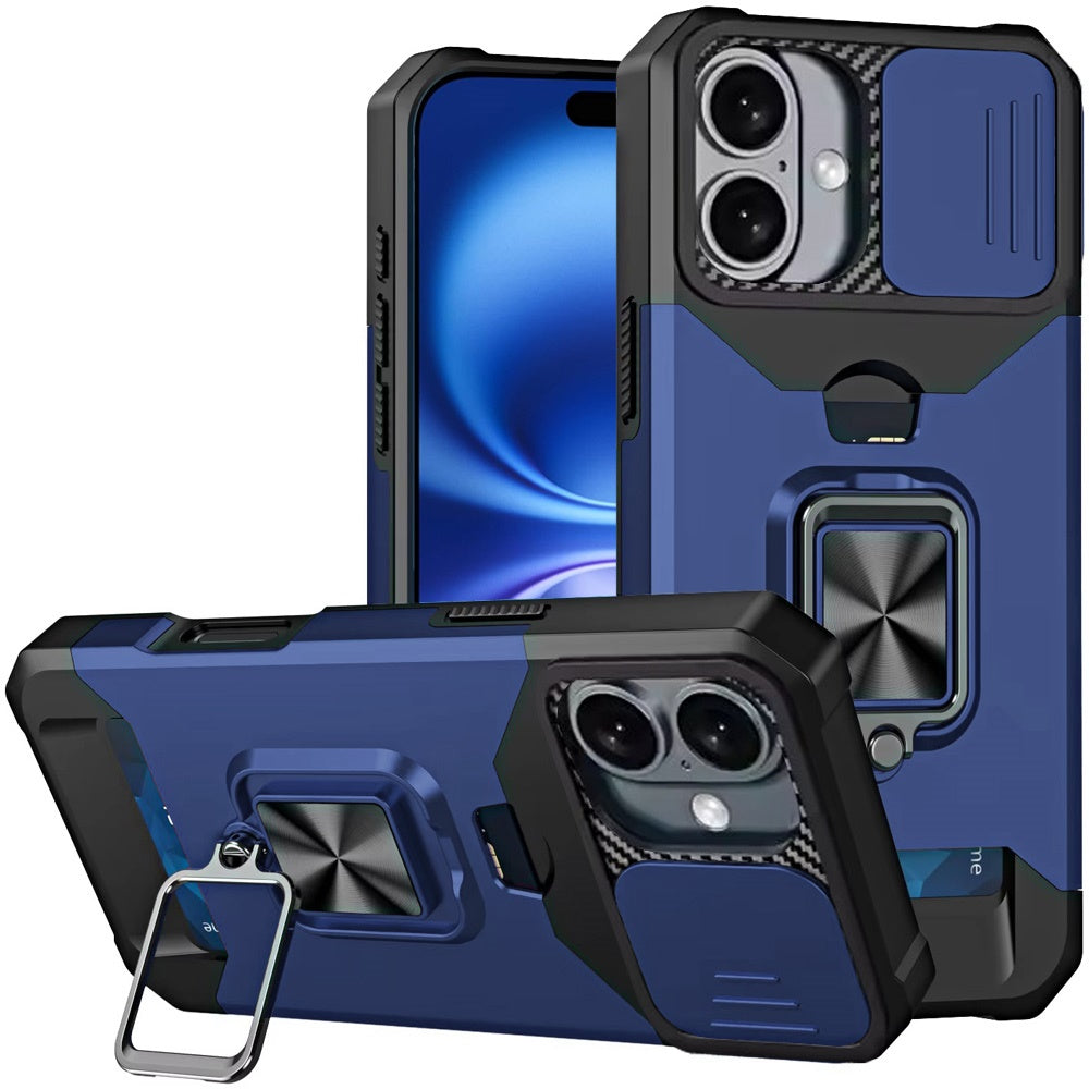 Premium Multi-Functional Card Magnetic Ring Stand Hybrid Camera Case Cover For iPhone 17 - Blue