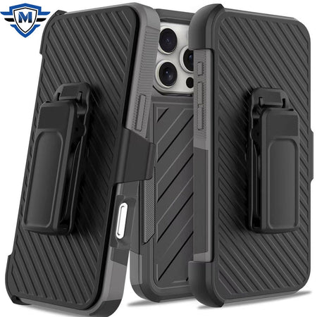 Metkase Noble Lined Shockproof Dual Layer Holster Hybrid Case In Slide-Out Package For iPhone 16 Pro 6.3 Inch - Black/Grey