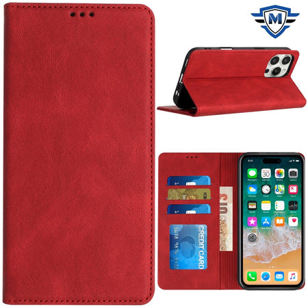 Metkase Wallet Premium PU Vegan Leather ID Card Money Holder With Magnetic Closure In Slide-Out Package For iPhone 16 Pro Max 6.9 Inch - Red