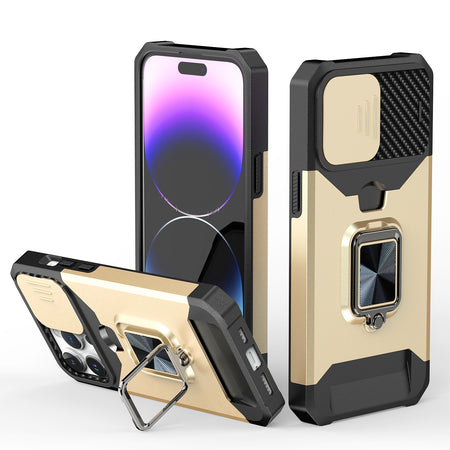 Premium Multi-Functional Card Magnetic Ring Stand Hybrid Camera Case Cover For iPhone 15 - Gold