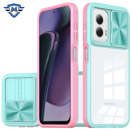 Metkase Fusion Transparent Clear Hybrid Case Cover In Premium Slide-Out Package For Motorola Moto G Stylus 5G 2024 - Pink/Blue