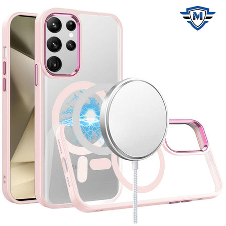 Metkase Magnetic Greatest Clear Acrylic Thick Metal Button Hybrid Case In Slide-Out Package For Samsung Galaxy S24 Ultra - Light Pink
