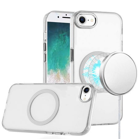 Premium Magnetic Circle Ring Transparent Premium Acrylic Case With Metal Buttons & Camera Raised Lip For iPhone 16E / SE4 - Clear
