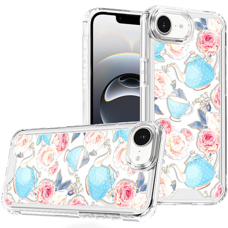 Premium Beautiful TPU Designs Case For iPhone 16E / SE4 (2025) - Pink Roses & Teal Teapots