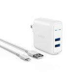 Anker Powerport 24W 2-Port USB-A Wall Charger W/ 3' USB-A To Lightning Cable - White
