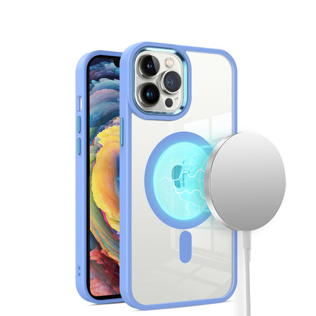 Premium Greatest Clear Acrylic [Magnetic Circle] Shockproof Tough Thick Metal Button Hybrid Case For iPhone 13/14 - Light Blue