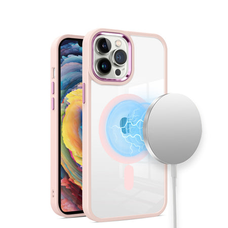 Premium Greatest Clear Acrylic [Magnetic Circle] Shockproof Tough Thick Metal Button Hybrid Case For iPhone 13/14 - Light Pink