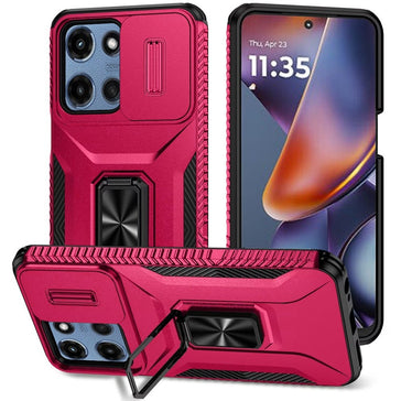 Premium Complete Magnetic Metal Ring Stand Camera Protection Hybrid Case For Motorola Moto G 5G 2025 - Hot Pink