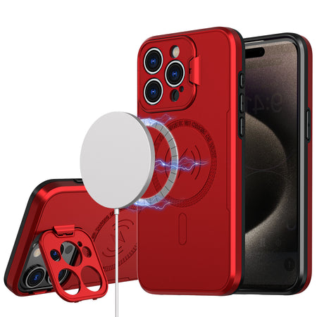 Premium Magnetic Ring Circle Camera Cap Kickstand Hybrid Uv Paint Matte Finish Case For iPhone 13/14 - Red