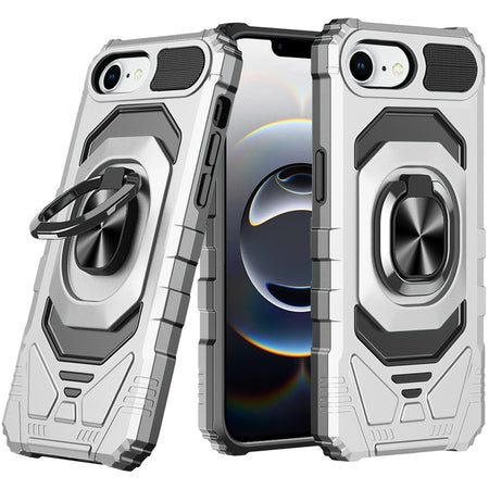 Premium Robotic Hybrid With Magnetic Ring Stand Case Cover For iPhone 16E / SE4 (2025) - Silver